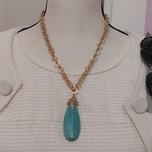 Elongated Teardrop Turquoise Pendant Gold Tone Linked Rings Chain Necklace